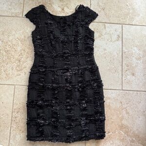 Theia Black Textured Tinsel Cocktail Wool Blend Dress